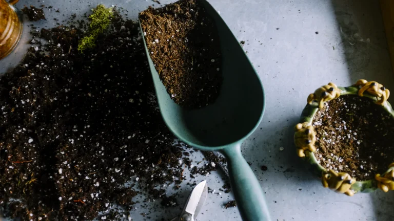 Pala de jardín con tierra y abono sobre una mesa