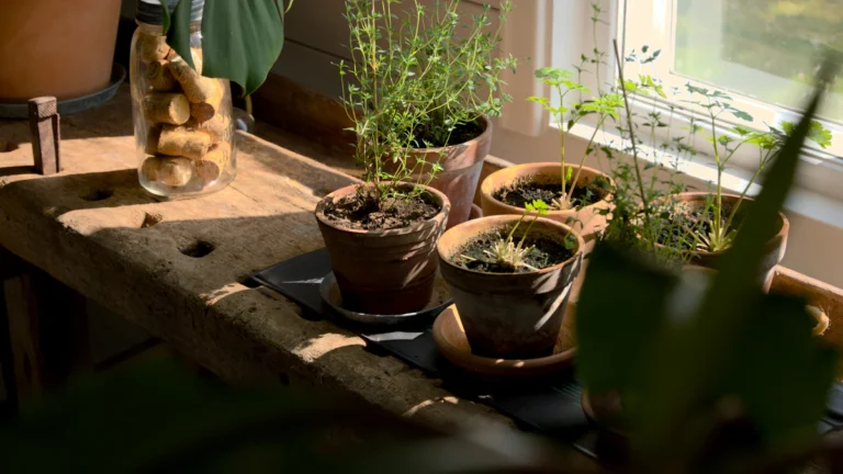 Aromáticas en macetas de barro junto a una ventana
