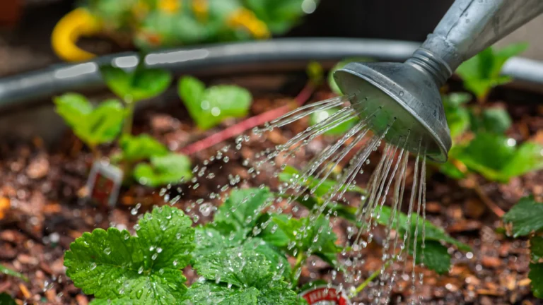 Regadera mojando plantas pequeñas sobre la tierra