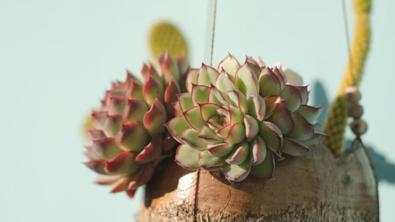 Rosetas de suculentas en una maceta colgante