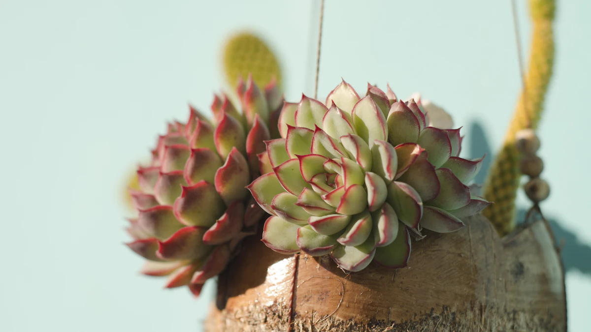 Rosetas de suculentas en una maceta colgante